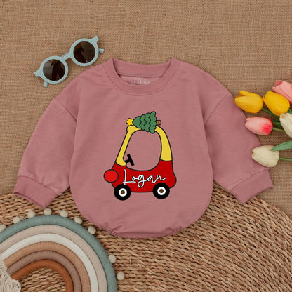 Personalized Christmas Car Baby Romper – First Xmas Vintage Outfit