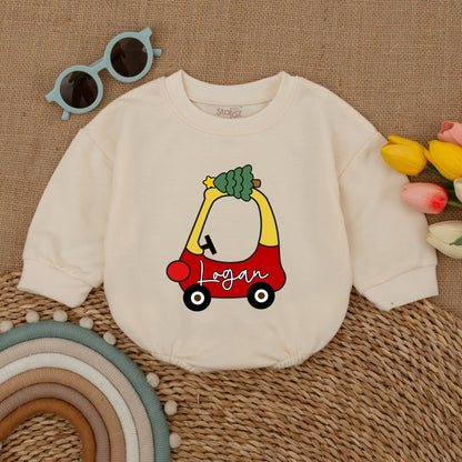 Personalized Christmas Car Baby Romper – First Xmas Vintage Outfit