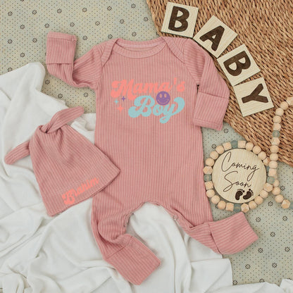 Retro Mama's Boy Bodysuit & Hat Set - Brahim's Newborn Outfit, Cute Baby Clothes, Vintage Inspired, Going Home Gift, Pink & Blue Stars (137 chars)
