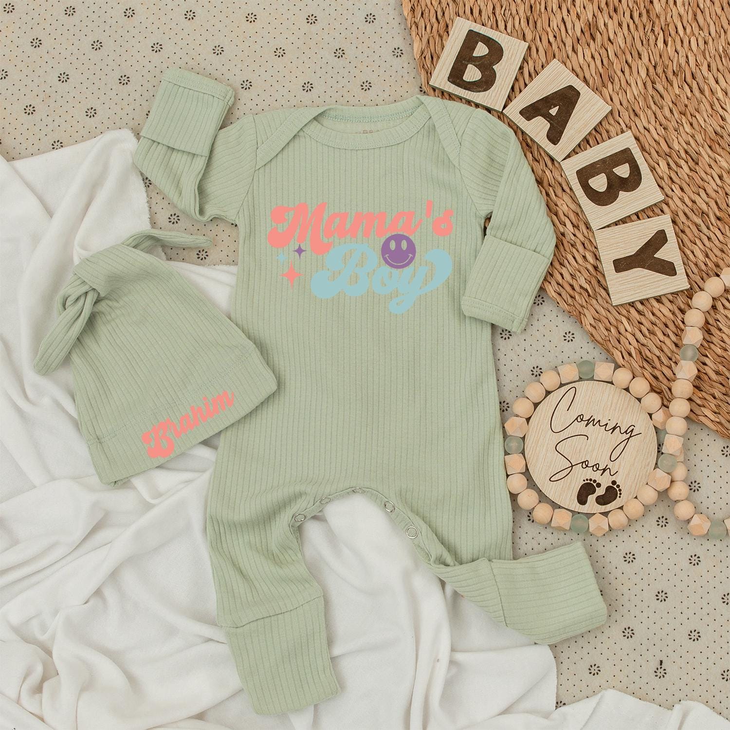 Retro Mama's Boy Bodysuit & Hat Set - Brahim's Newborn Outfit, Cute Baby Clothes, Vintage Inspired, Going Home Gift, Pink & Blue Stars (137 chars)