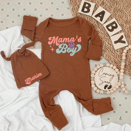 Retro Mama's Boy Bodysuit & Hat Set - Brahim's Newborn Outfit, Cute Baby Clothes, Vintage Inspired, Going Home Gift, Pink & Blue Stars (137 chars)