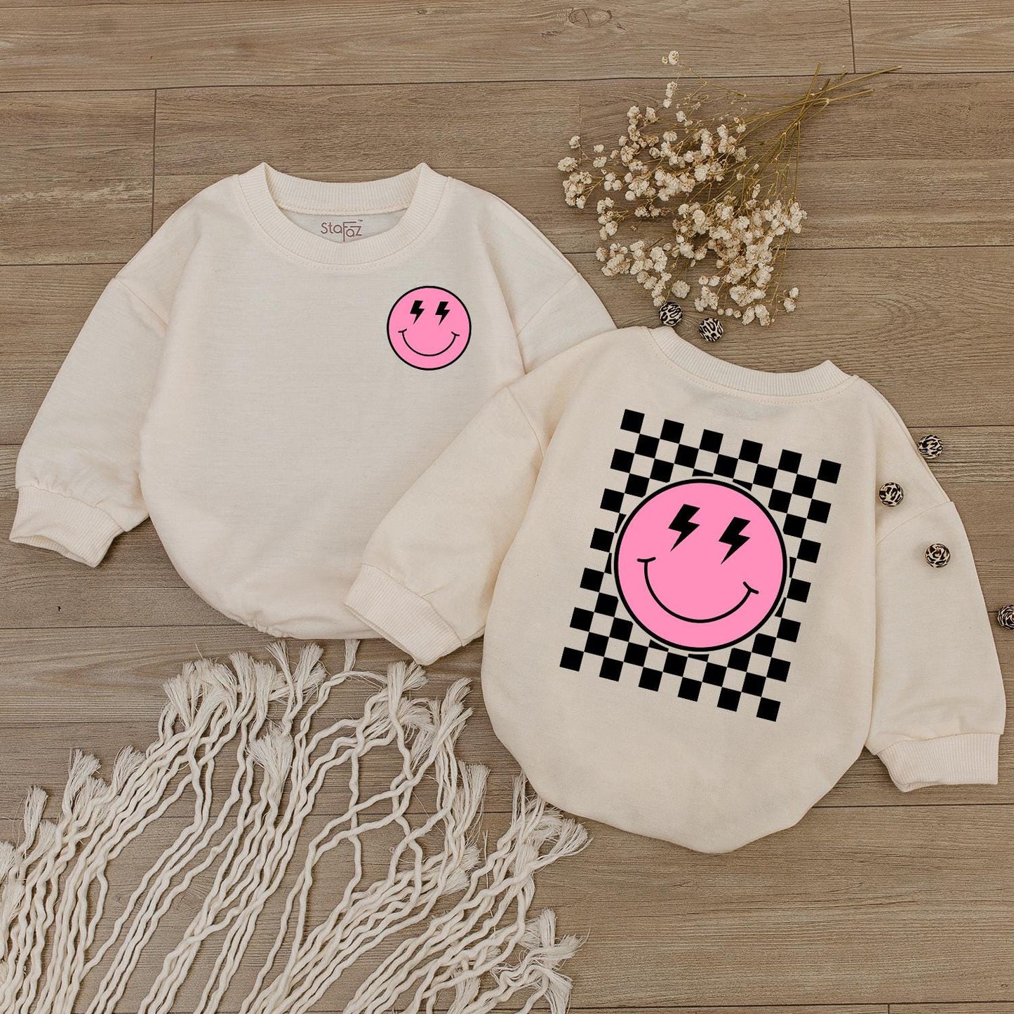 Happy Face Romper & Checkered Sweatshirt: Cute Baby Shower Gift