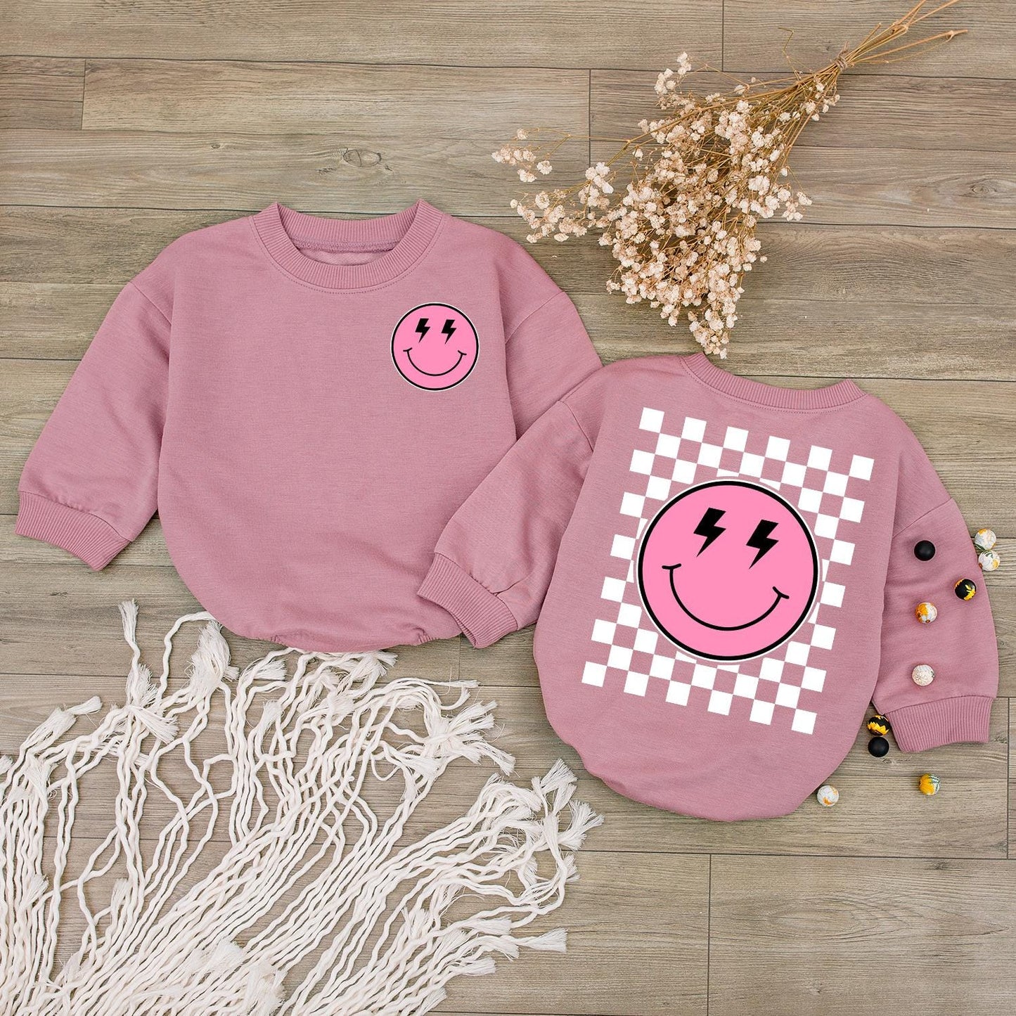 Happy Face Romper & Checkered Sweatshirt: Cute Baby Shower Gift