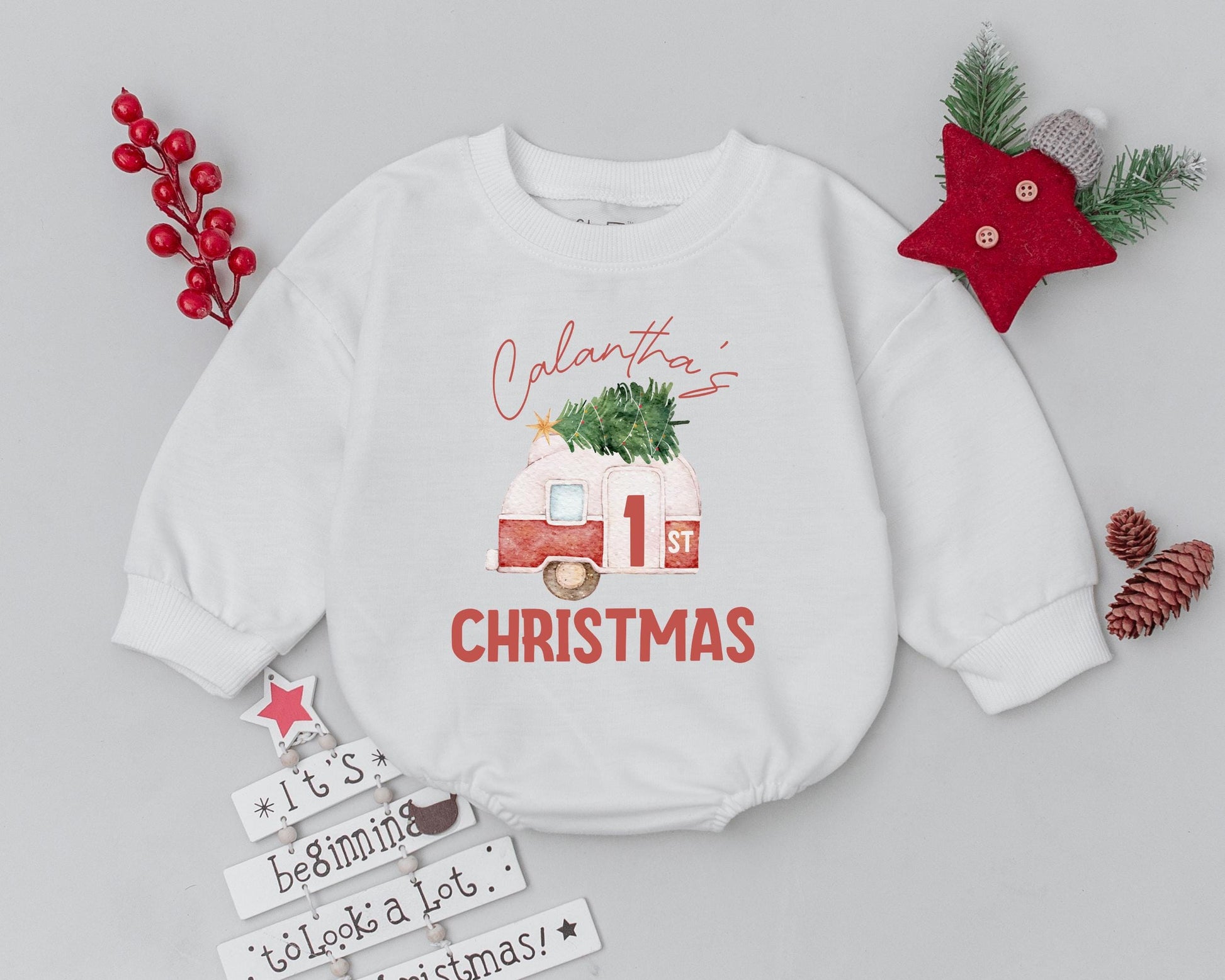 Custom Name Baby Romper: Vintage Santa Christmas Outfit, 1st Xmas