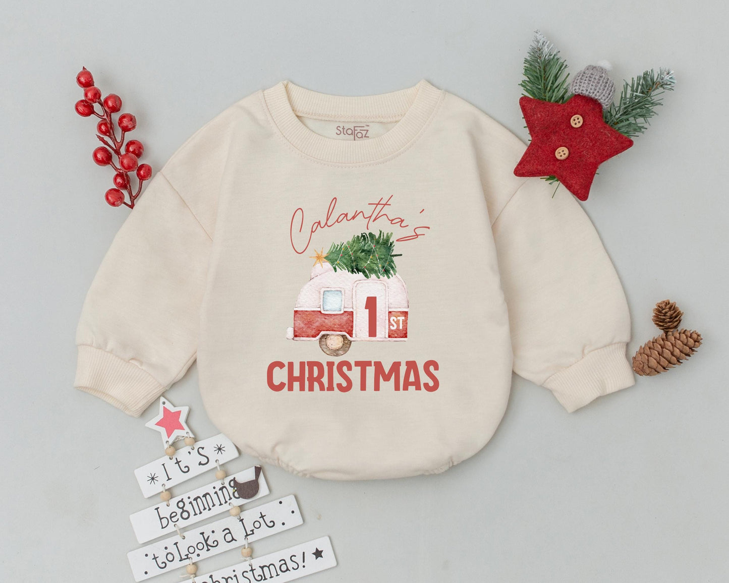 Custom Name Baby Romper: Vintage Santa Christmas Outfit, 1st Xmas