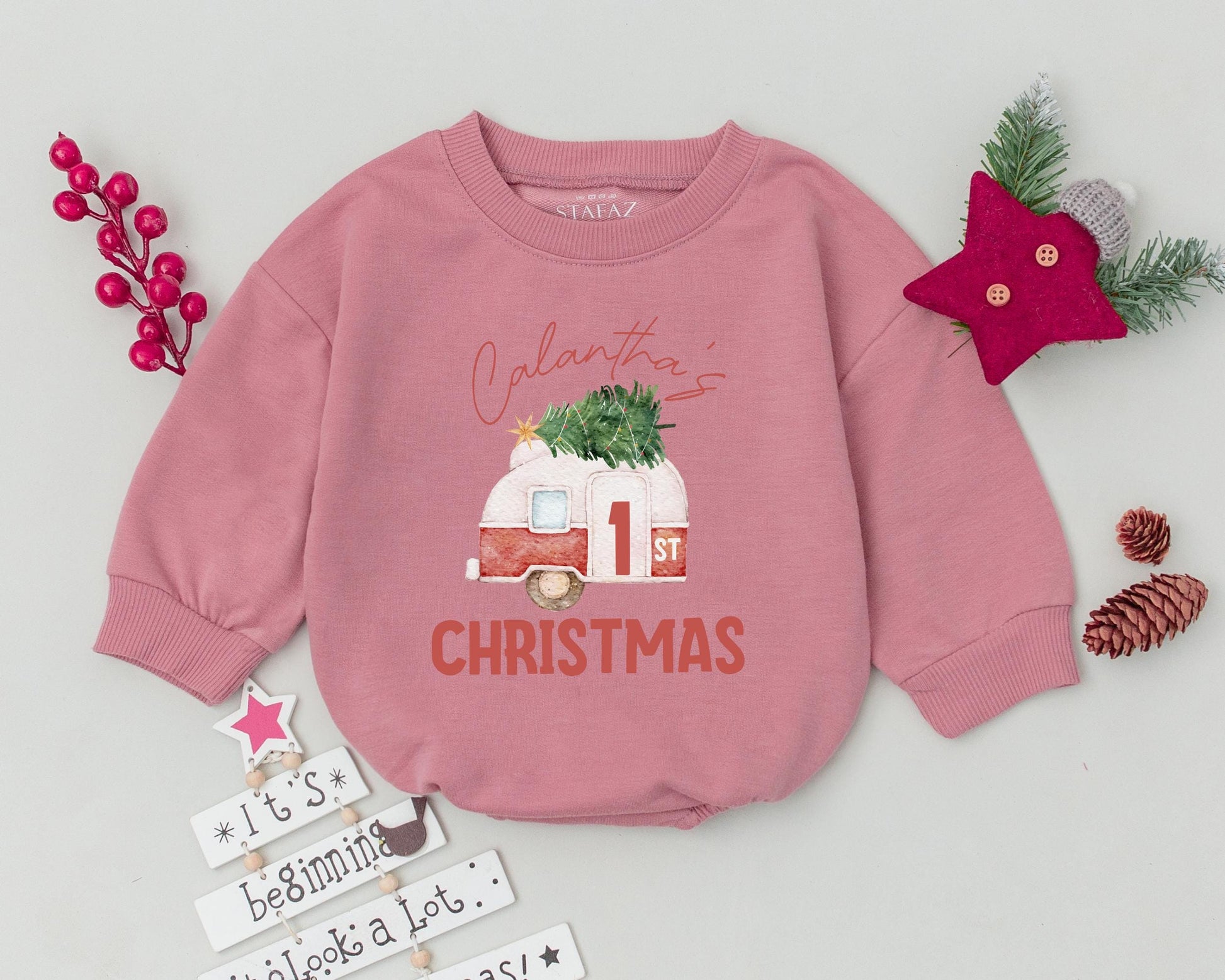 Custom Name Baby Romper: Vintage Santa Christmas Outfit, 1st Xmas