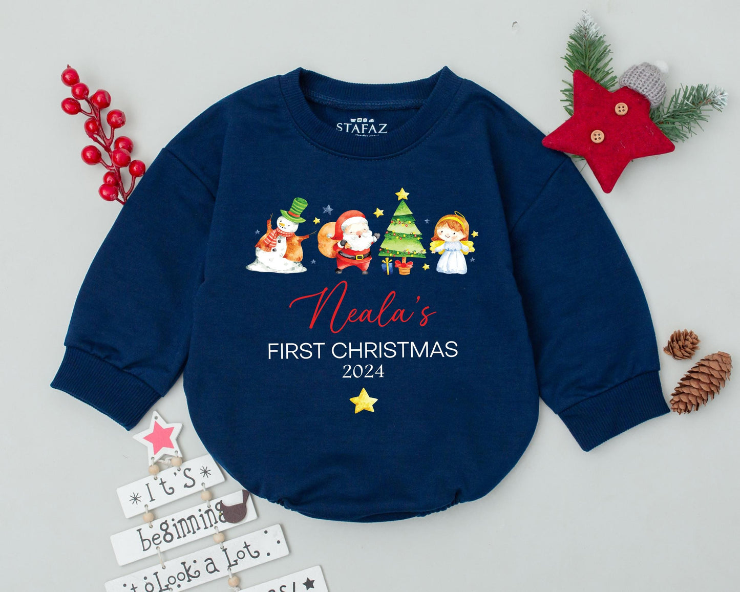 Custom Baby Christmas Romper, Vintage Santa, Infant First Outfit