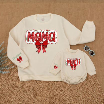 Matching Mama & Mini Christmas Sweatshirt Outfit, Red Bow Design, Baby Girl Romper Set, Holiday Family Pajamas, Festive Fun!
