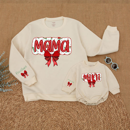 Matching Mama & Mini Christmas Sweatshirt Outfit, Red Bow Design, Baby Girl Romper Set, Holiday Family Pajamas, Festive Fun!