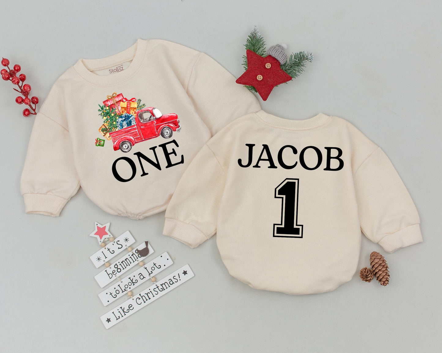 Personalized Christmas Romper, Newborn Outfit, Vintage Holiday Gift