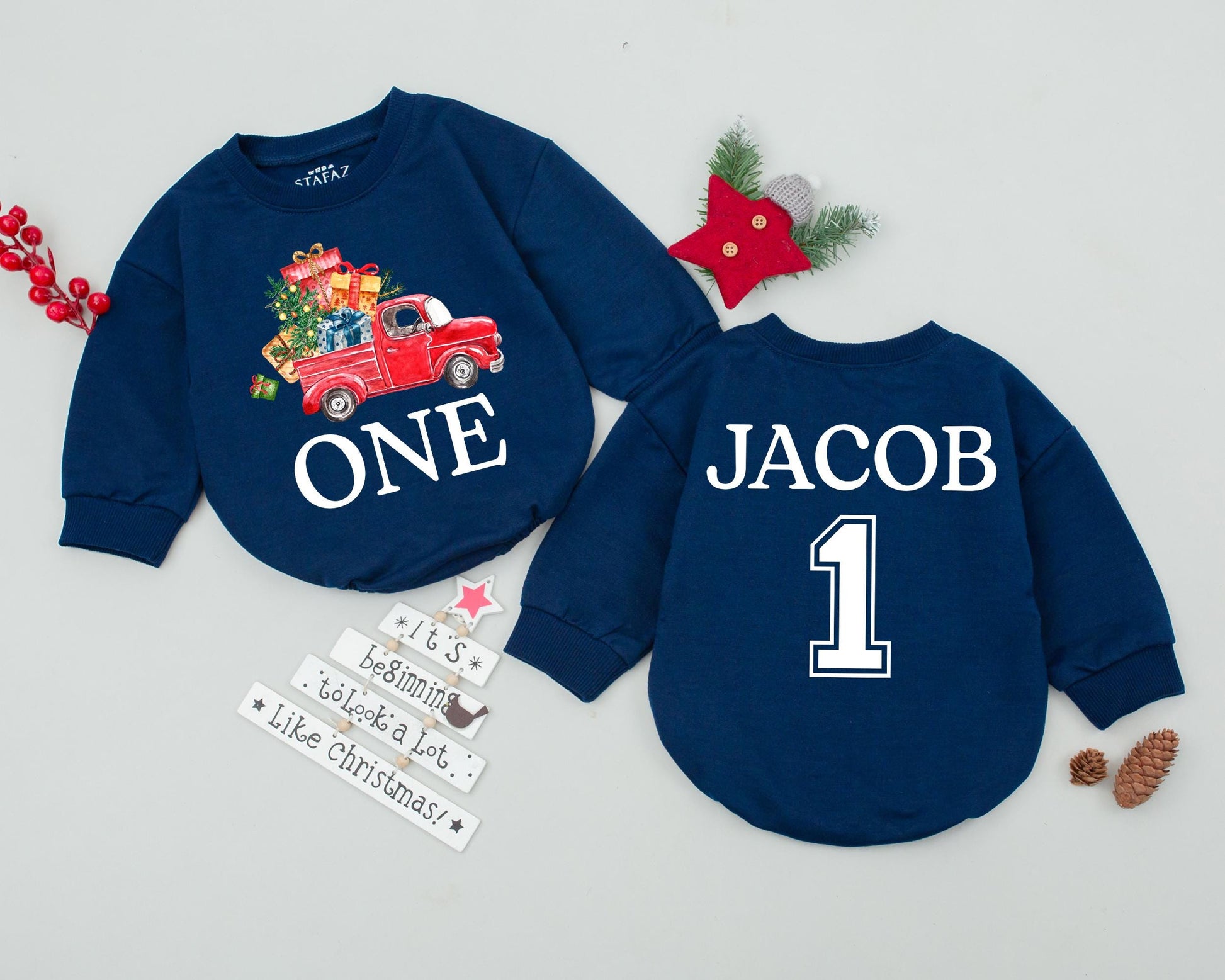 Personalized Christmas Romper, Newborn Outfit, Vintage Holiday Gift