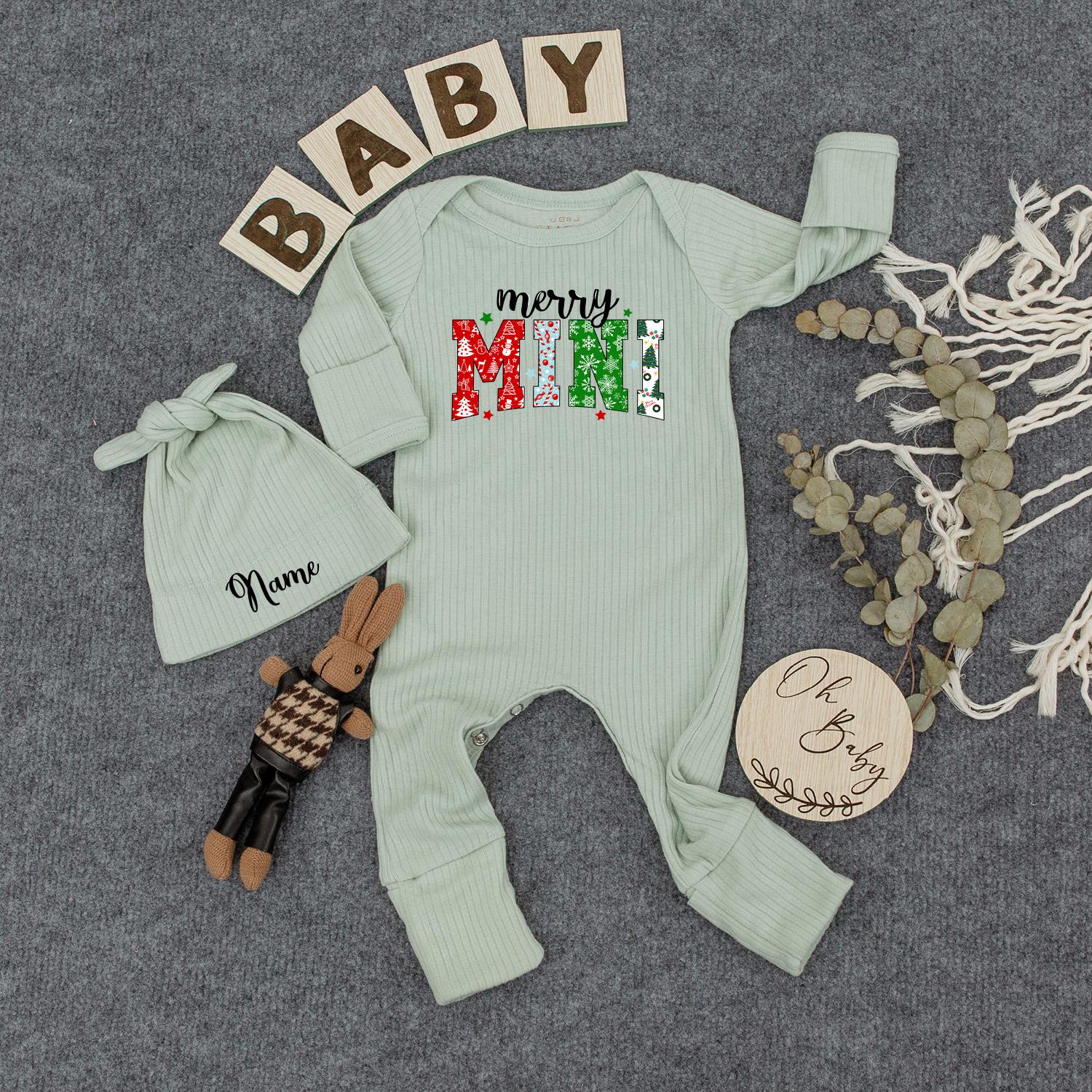 Personalized Merry Mini Christmas Baby Bodysuit Festive Holiday Outfit Green Red Snowman Ornament Pattern Newborn Romper Gift