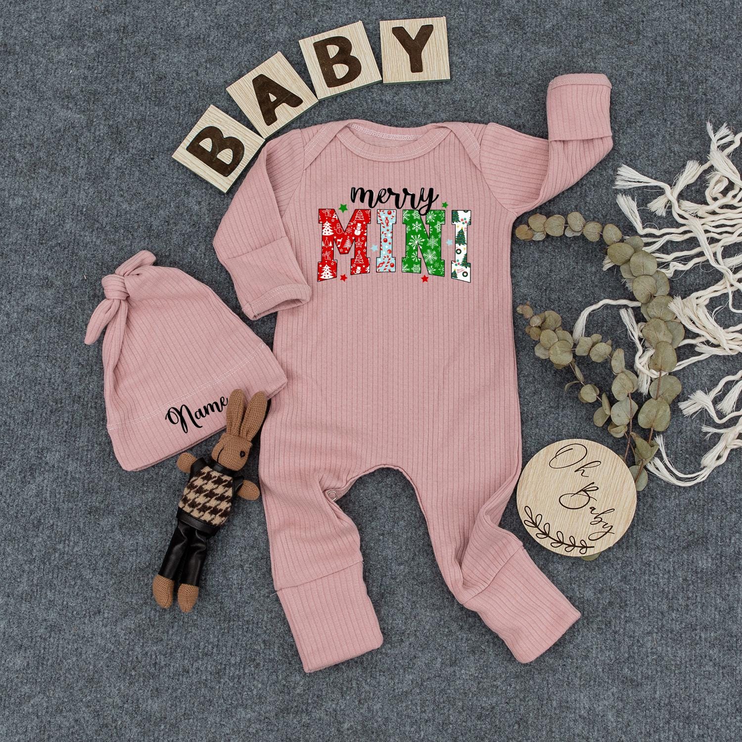 Personalized Merry Mini Christmas Baby Bodysuit Festive Holiday Outfit Green Red Snowman Ornament Pattern Newborn Romper Gift