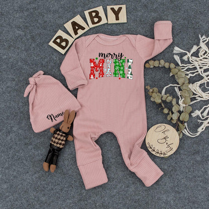 Personalized Merry Mini Christmas Baby Bodysuit Festive Holiday Outfit Green Red Snowman Ornament Pattern Newborn Romper Gift