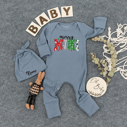 Personalized Merry Mini Christmas Baby Bodysuit Festive Holiday Outfit Green Red Snowman Ornament Pattern Newborn Romper Gift