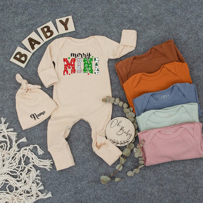 Personalized Merry Mini Christmas Baby Bodysuit Festive Holiday Outfit Green Red Snowman Ornament Pattern Newborn Romper Gift