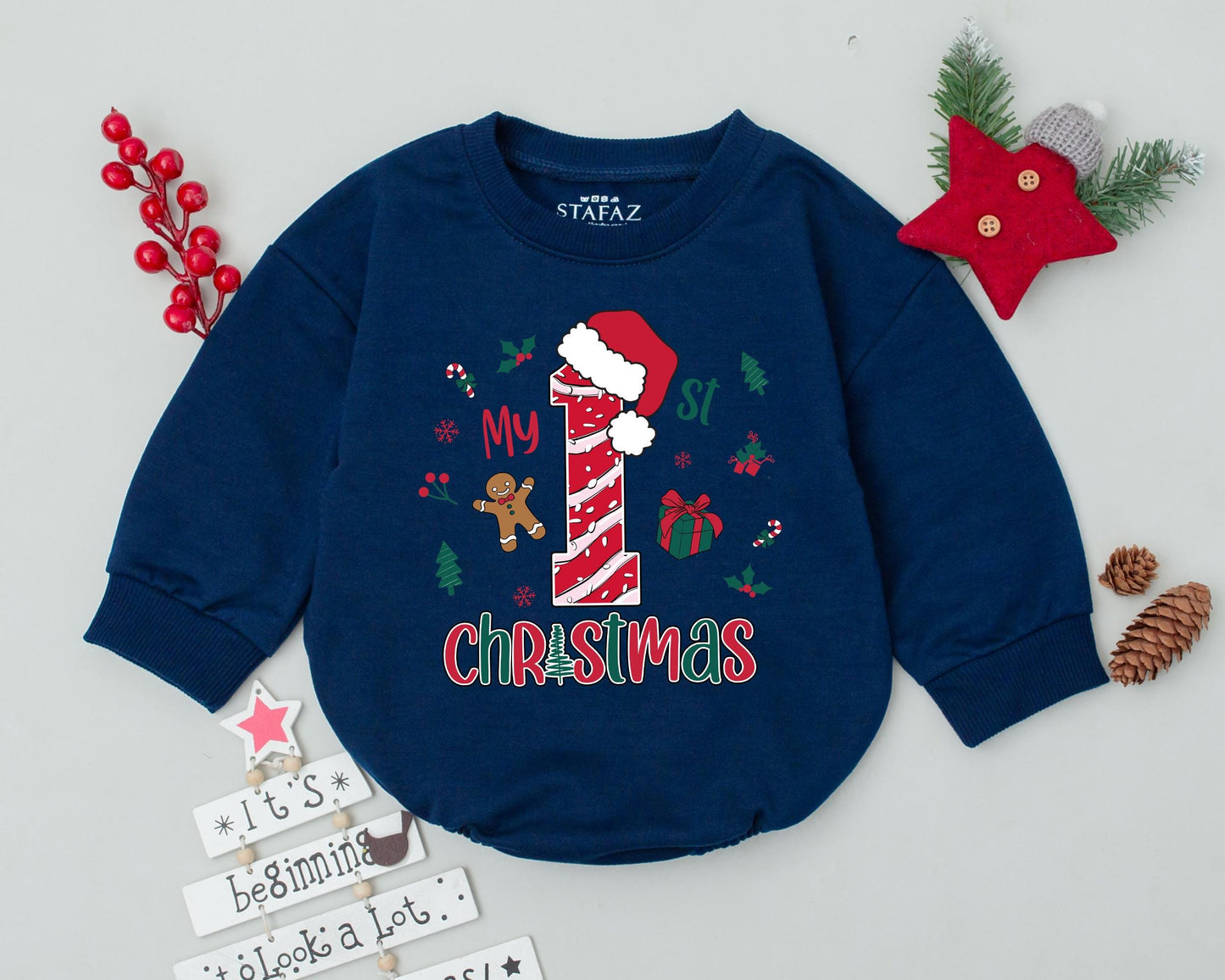 Retro Christmas Baby Romper, Personalized 1st Christmas Outfit