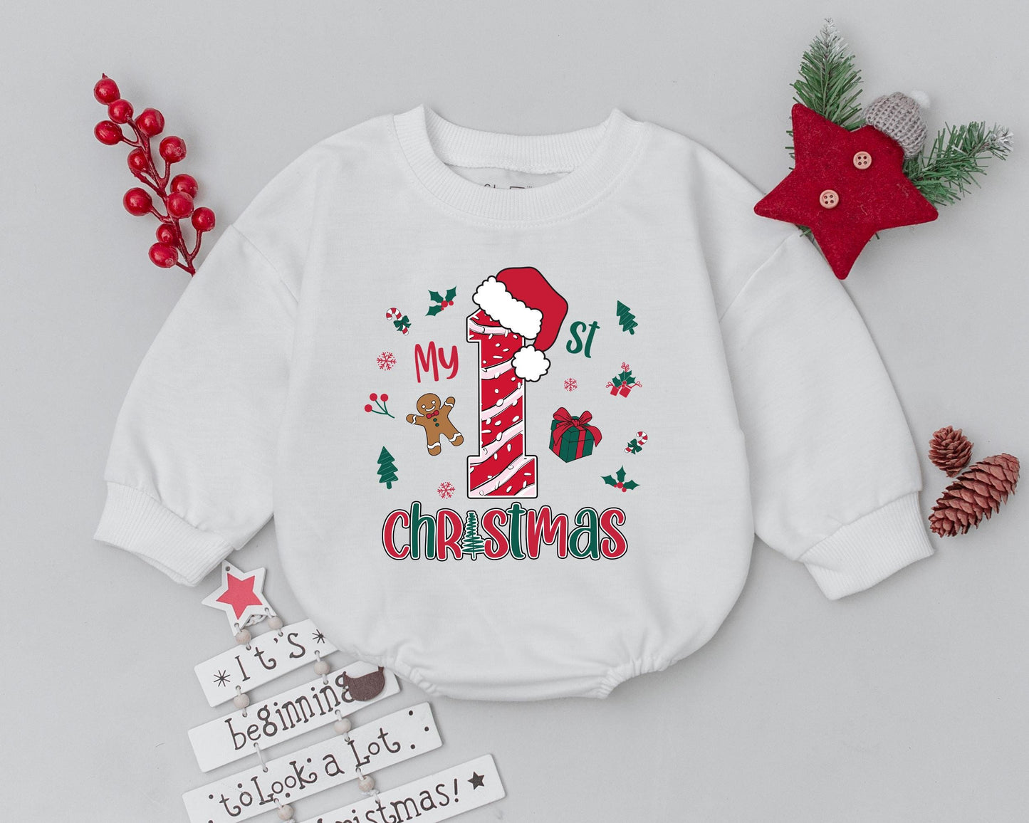 Retro Christmas Baby Romper, Personalized 1st Christmas Outfit