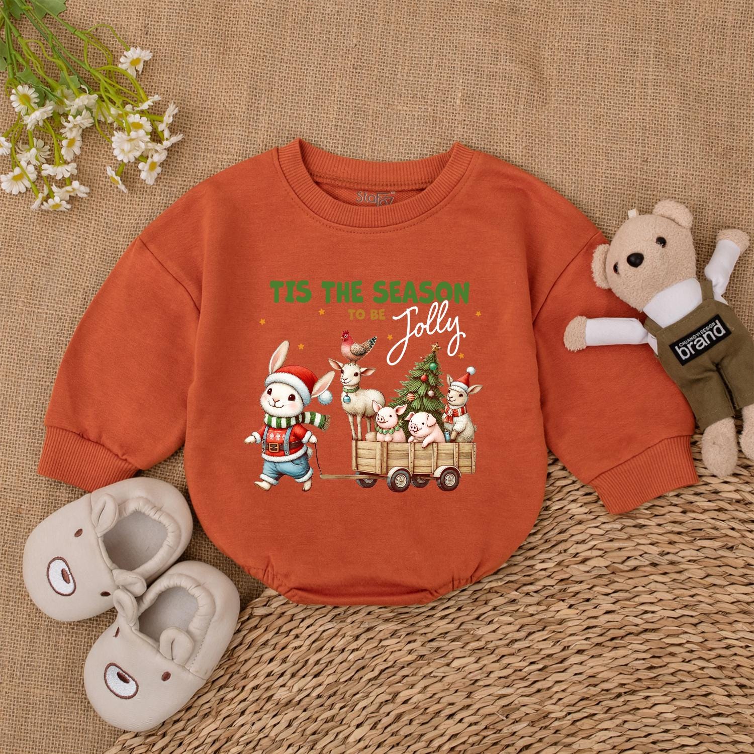 Tis The Season Christmas Bubble Romper, Retro Farm Animal Wagon Baby Bodysuit, My 1st Xmas Outfit, Vintage Holiday Newborn Shower Gift Set, Jolly Rabbit 