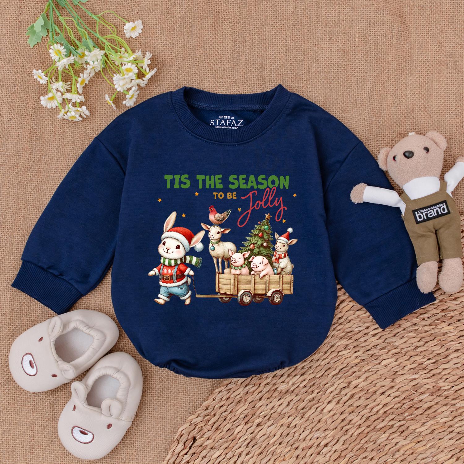 Tis The Season Christmas Bubble Romper, Retro Farm Animal Wagon Baby Bodysuit, My 1st Xmas Outfit, Vintage Holiday Newborn Shower Gift Set, Jolly Rabbit 