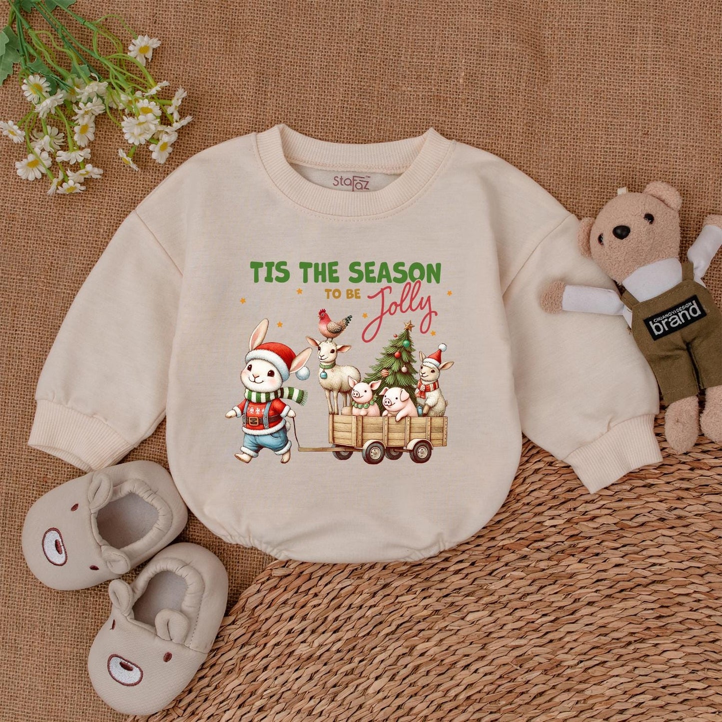 Tis The Season Christmas Bubble Romper, Retro Farm Animal Wagon Baby Bodysuit, My 1st Xmas Outfit, Vintage Holiday Newborn Shower Gift Set, Jolly Rabbit 