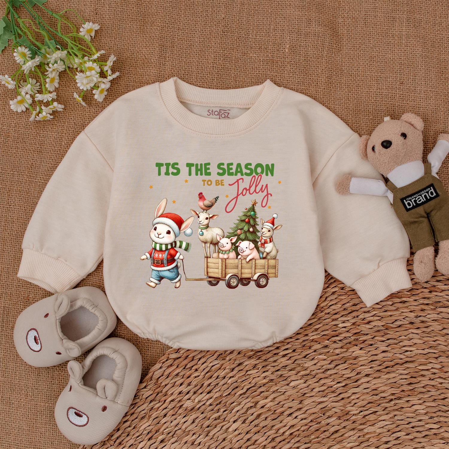 Tis The Season Christmas Bubble Romper, Retro Farm Animal Wagon Baby Bodysuit, My 1st Xmas Outfit, Vintage Holiday Newborn Shower Gift Set, Jolly Rabbit 