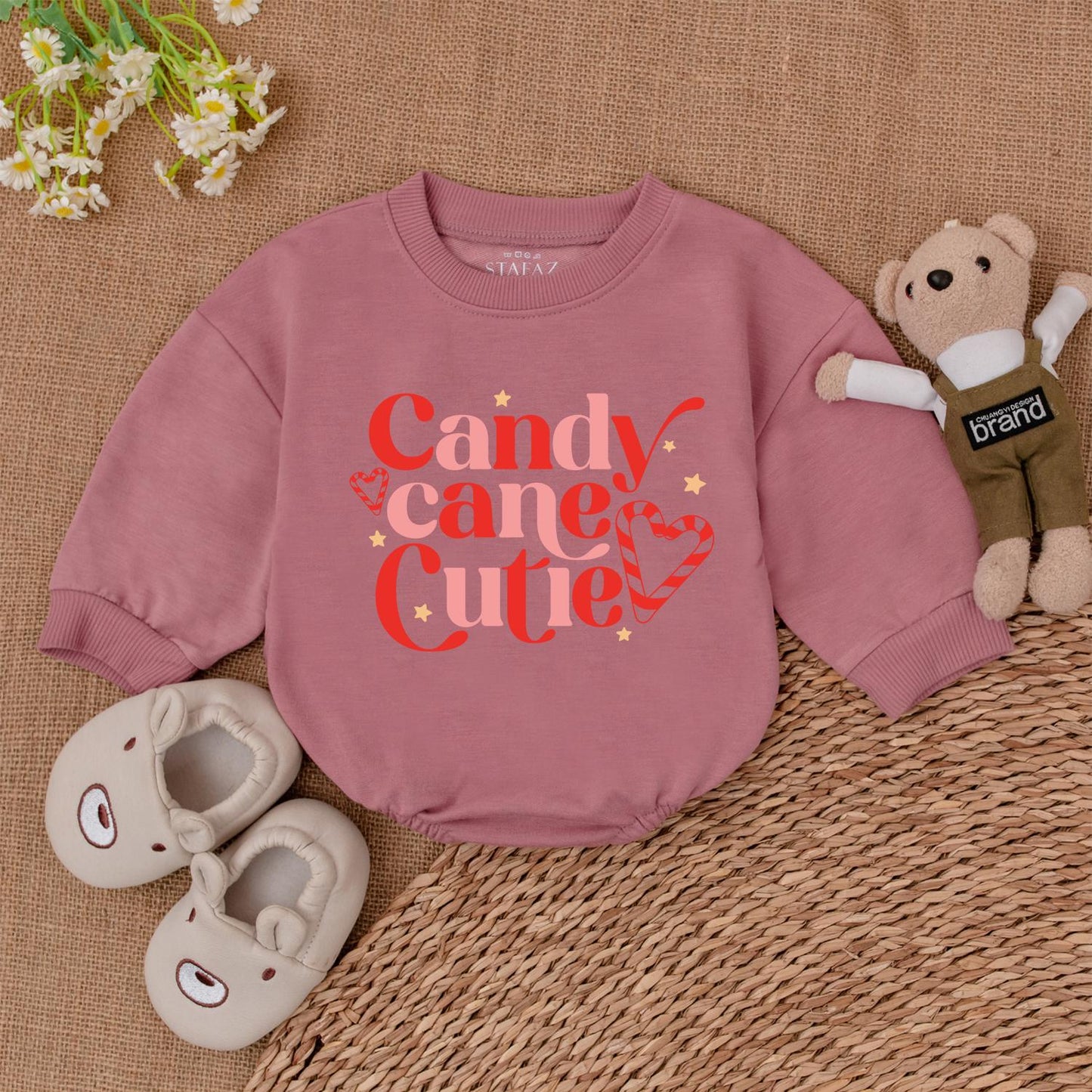 Candy Cane Cutie Bubble Romper Baby's First Christmas Holiday Outfit Cute Festive Pink Red Design with Hearts & Stars Trendy Newborn Infant Shower Gift