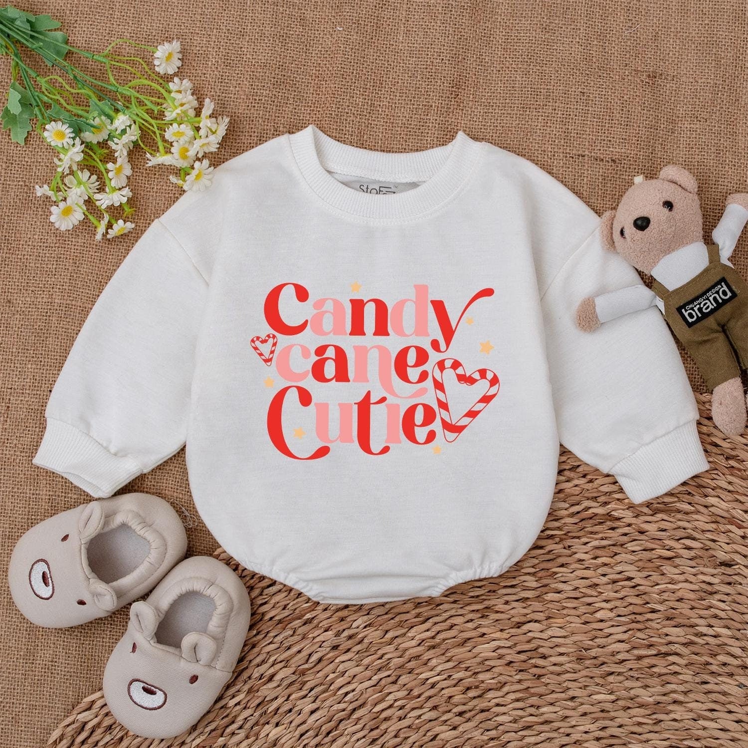 Candy Cane Cutie Bubble Romper Baby's First Christmas Holiday Outfit Cute Festive Pink Red Design with Hearts & Stars Trendy Newborn Infant Shower Gift