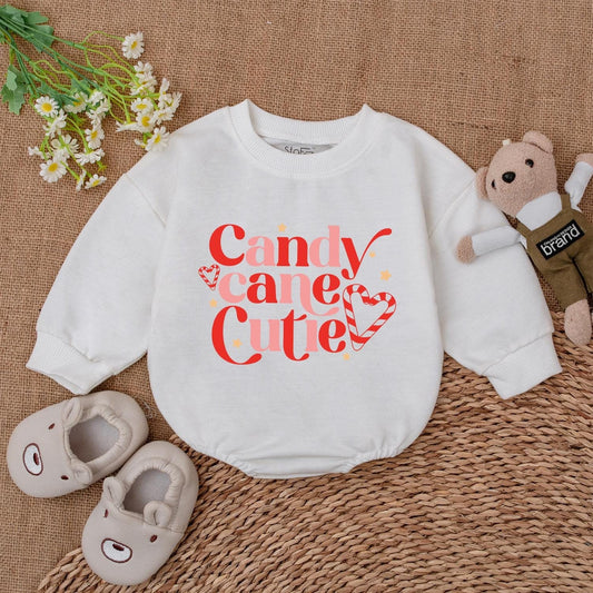 Candy Cane Cutie Bubble Romper Baby's First Christmas Holiday Outfit Cute Festive Pink Red Design with Hearts & Stars Trendy Newborn Infant Shower Gift