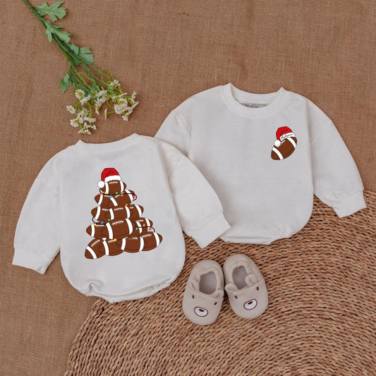 Personalized Baby Football Christmas Tree Romper First Christmas Outfit Festive Lights Santa Hat Playful Design Newborn Boy Girl Shower Gift Trendy