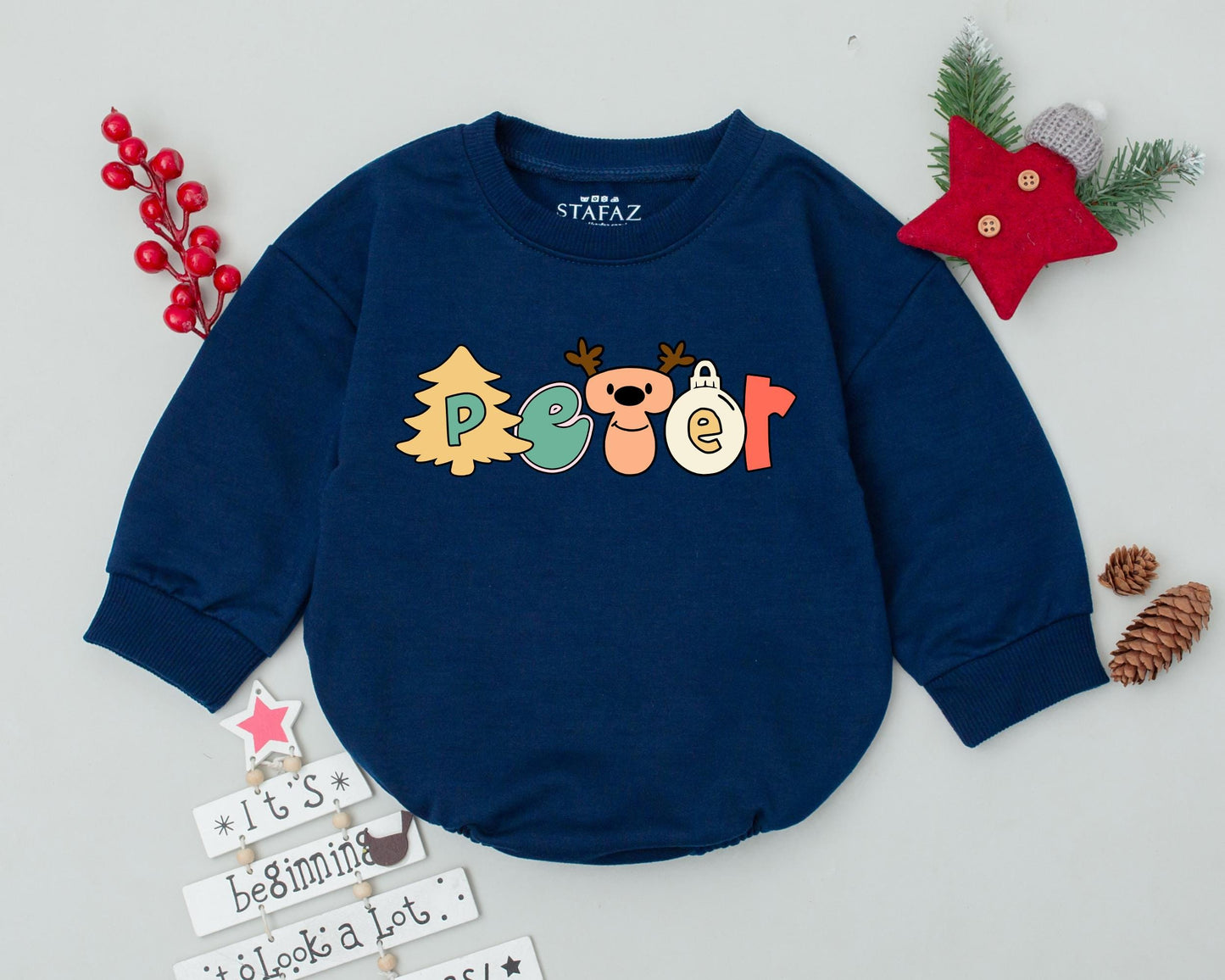 Custom Name Christmas Baby Bubble Romper spelled by Playful Pastel Holiday Icons Whimsical Tree Reindeer Ornament Outfit