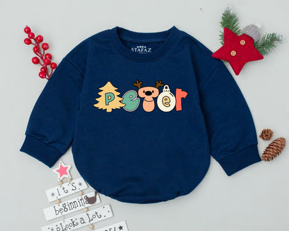 Custom Name Christmas Baby Bubble Romper spelled by Playful Pastel Holiday Icons Whimsical Tree Reindeer Ornament Outfit