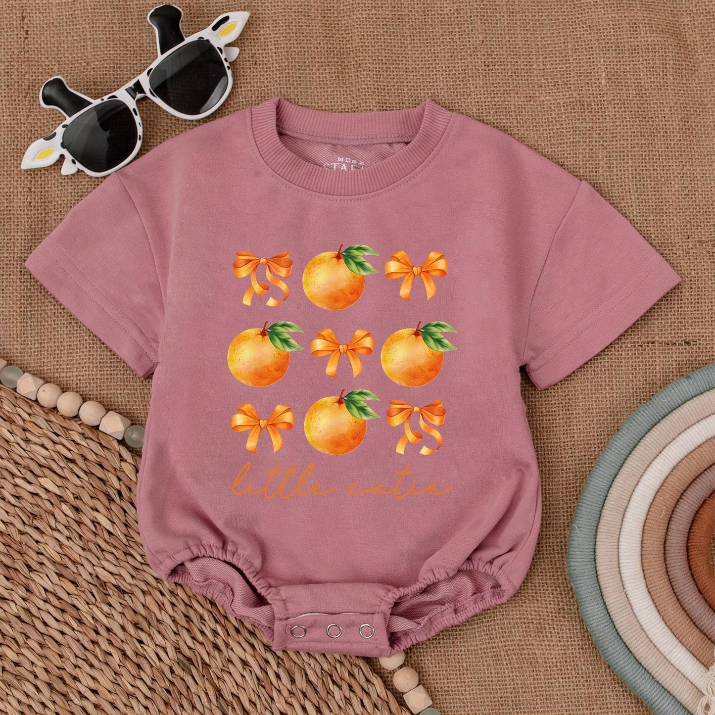 Little Cutie Orange Fruit Baby Girl Bubble Romper Bodysuit Outfit with Green Leaves and Bows Perfect Newborn Shower Gift First Birthday Celebration