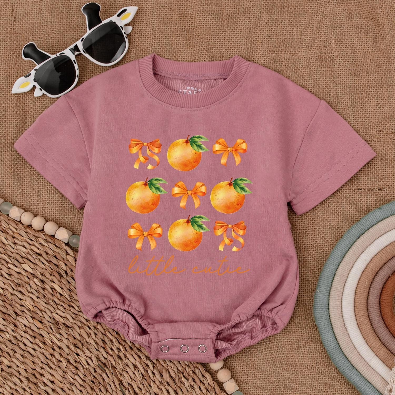 Little Cutie Orange Fruit Baby Girl Bubble Romper Bodysuit Outfit with Green Leaves and Bows Perfect Newborn Shower Gift First Birthday Celebration