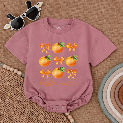 Little Cutie Orange Fruit Baby Girl Bubble Romper Bodysuit Outfit with Green Leaves and Bows Perfect Newborn Shower Gift First Birthday Celebration