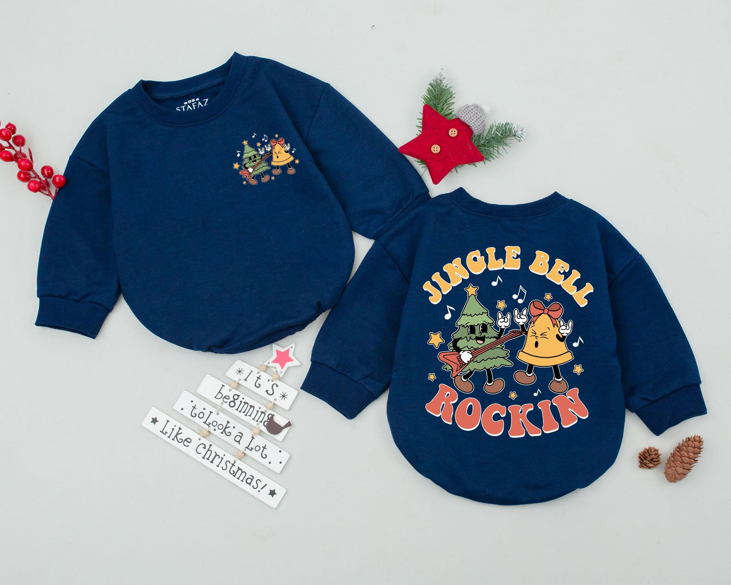 Jingle Bell Rockin' Retro Baby Bubble Romper First Christmas Outfit Vintage Tree Guitar Rock On Hand Newborn Shower Gift Idea for Infants