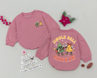 Jingle Bell Rockin' Retro Baby Bubble Romper First Christmas Outfit Vintage Tree Guitar Rock On Hand Newborn Shower Gift Idea for Infants
