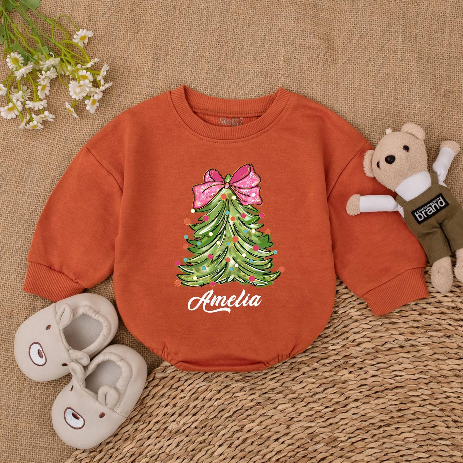 Personalized Christmas Tree Bodysuit, Baby's 1st Xmas Outfit Gift