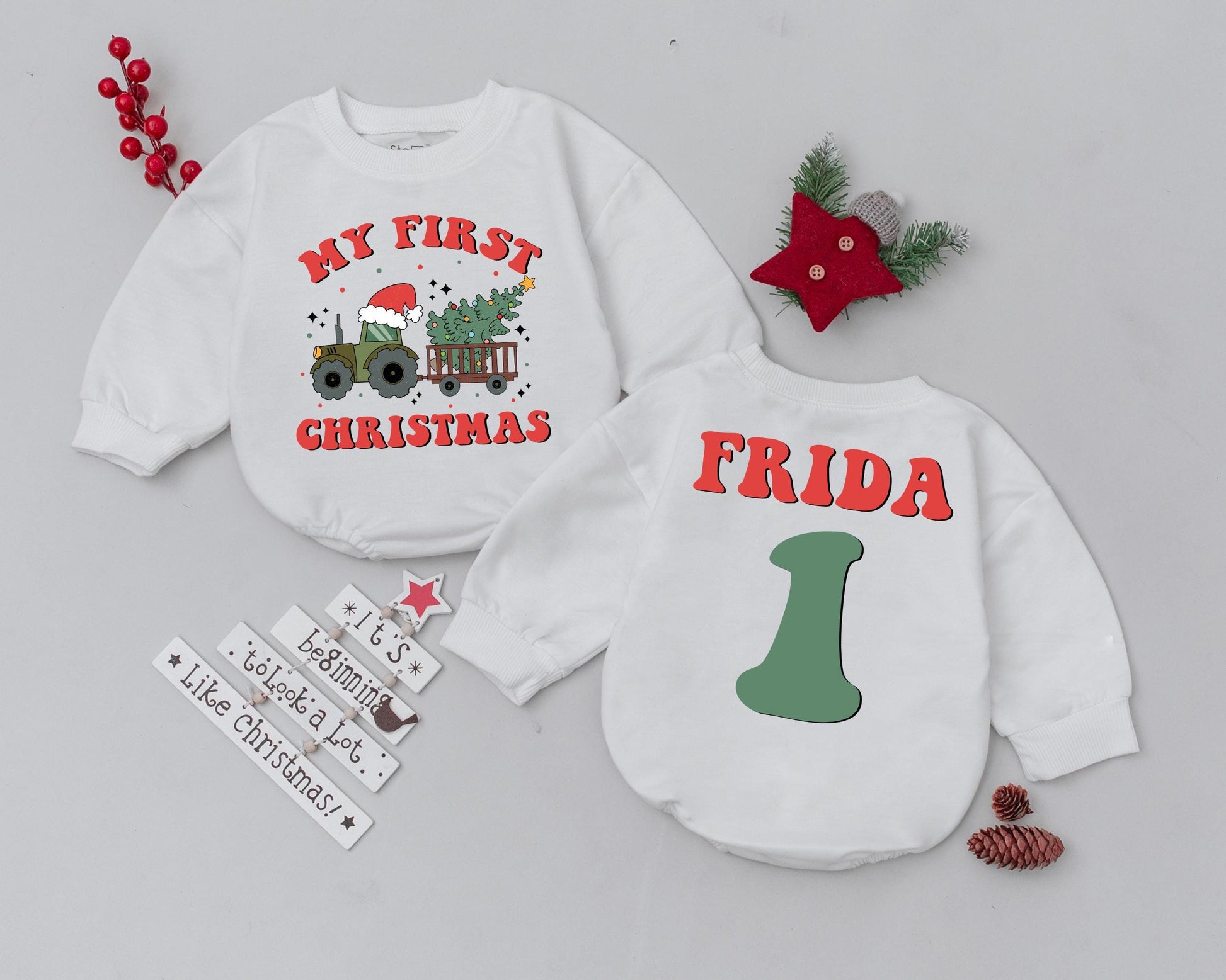 Custom Name First Christmas Baby Bodysuit Romper Vintage Tractor Tree Design Infant Holiday Outfit Toddler Xmas Celebration Gift