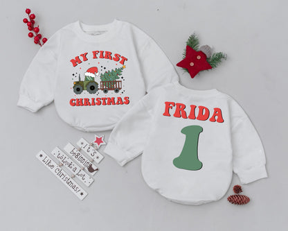 Custom Name First Christmas Baby Bodysuit Romper Vintage Tractor Tree Design Infant Holiday Outfit Toddler Xmas Celebration Gift