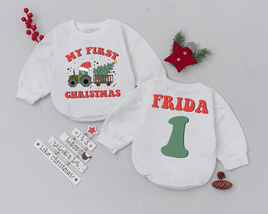Custom Name First Christmas Baby Bodysuit Romper Vintage Tractor Tree Design Infant Holiday Outfit Toddler Xmas Celebration Gift