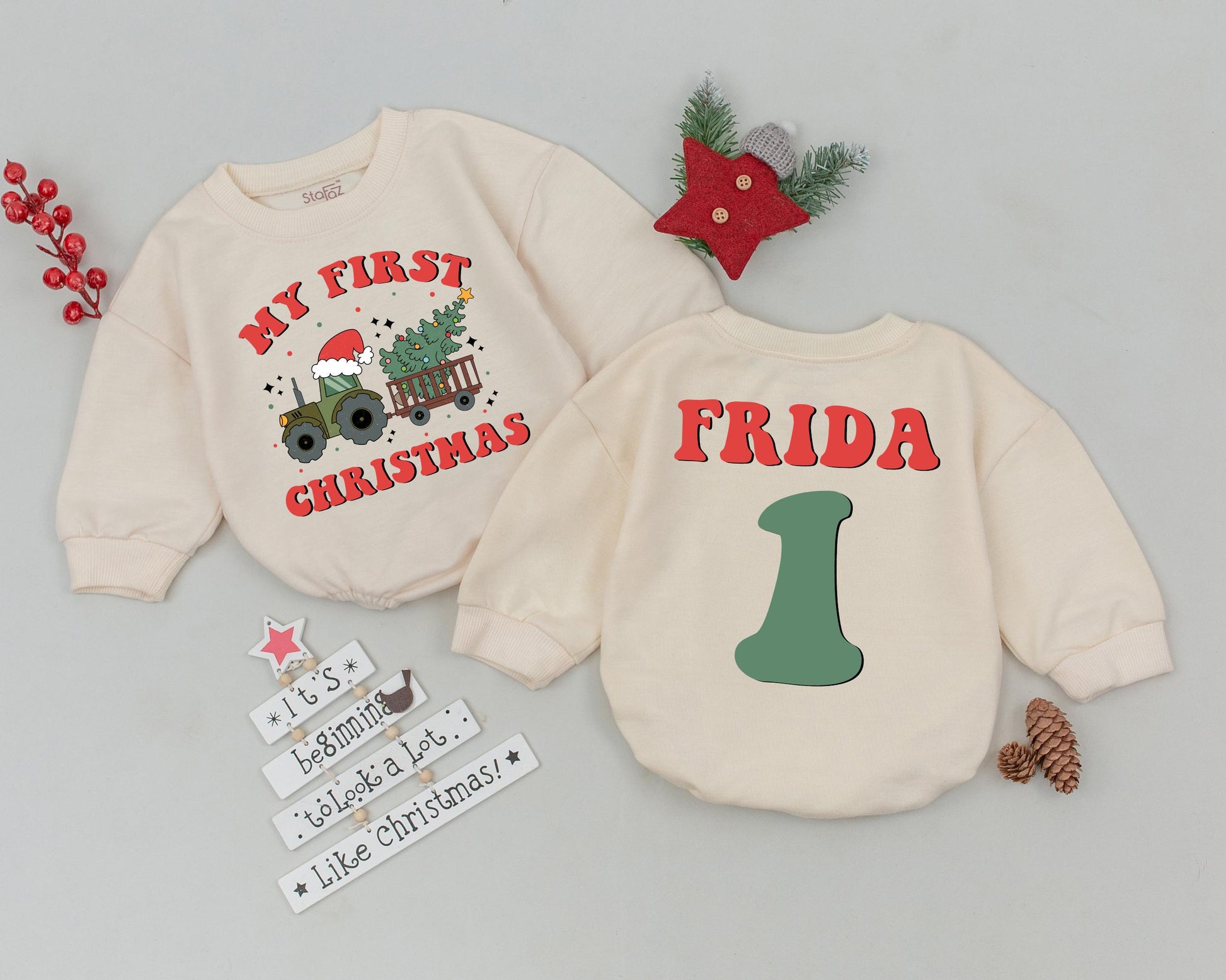 Custom Name First Christmas Baby Bodysuit Romper Vintage Tractor Tree Design Infant Holiday Outfit Toddler Xmas Celebration Gift