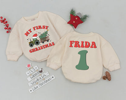 Custom Name First Christmas Baby Bodysuit Romper Vintage Tractor Tree Design Infant Holiday Outfit Toddler Xmas Celebration Gift