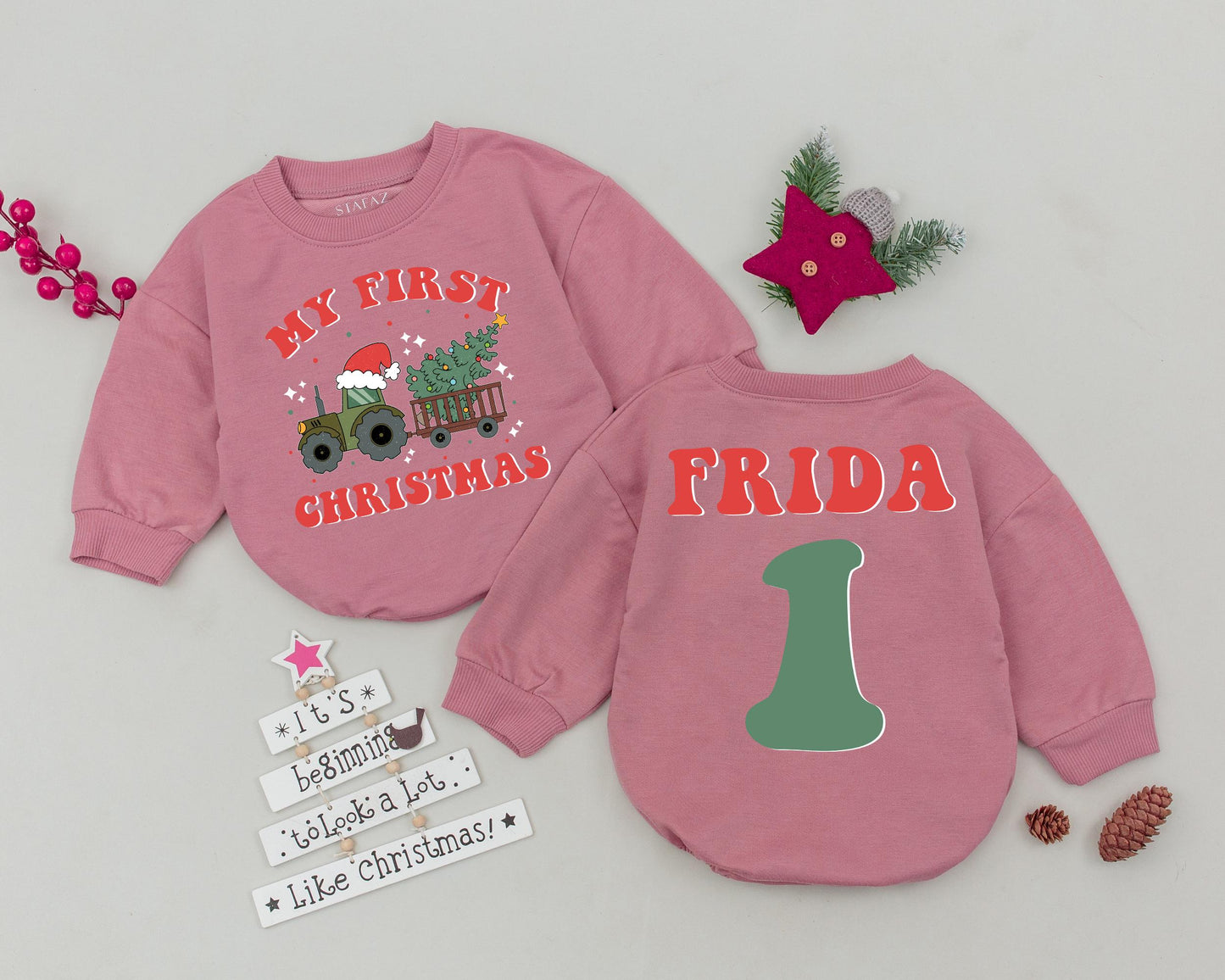 Custom Name First Christmas Baby Bodysuit Romper Vintage Tractor Tree Design Infant Holiday Outfit Toddler Xmas Celebration Gift