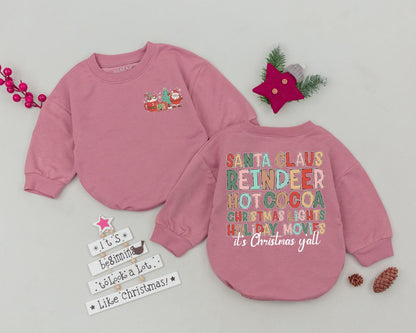 Vintage Christmas Baby Romper Newborn Outfit First Holiday Gift Bubble Style Retro Design with Festive Phrases Santa Tree Mug Details
