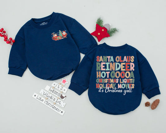 Vintage Christmas Baby Romper Newborn Outfit First Holiday Gift Bubble Style Retro Design with Festive Phrases Santa Tree Mug Details