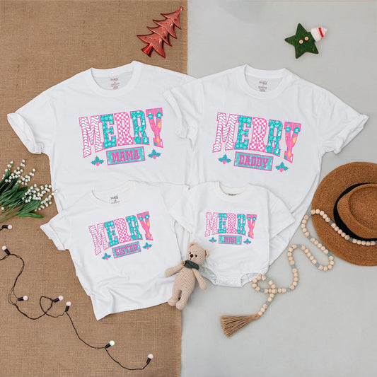 Custom Merry Mama Mini Matching Christmas Outfits Pink Turquoise Holly Berry Chevron Snowflake Patterned T-shirt Baby Bodysuit Gift