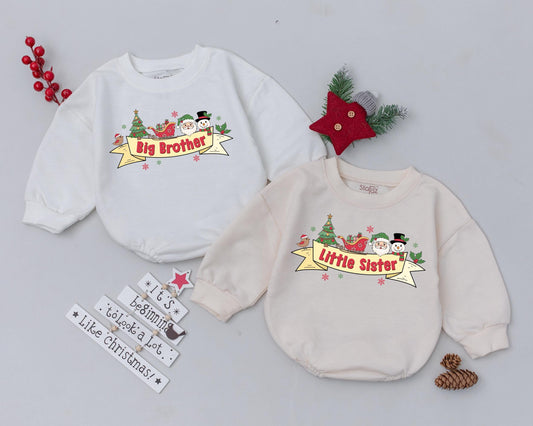 Big Brother Little Sister Matching Christmas Outfit Baby Toddler Infant Festive Holiday Santa Snowman Tree Sleigh Design Bodysuit Romper Apparel Gift
