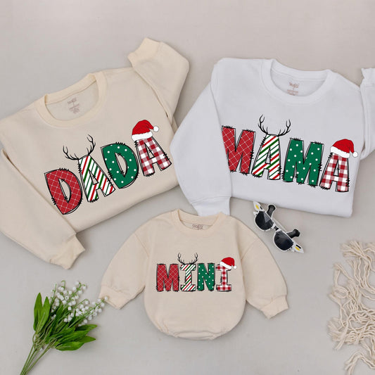 Personalized Christmas Family Matching Sweaters Rompers for Mama Dada Mini Festive Plaid Polka Dot Striped Antler Santa Hat Baby Outfits New Parents Gifts