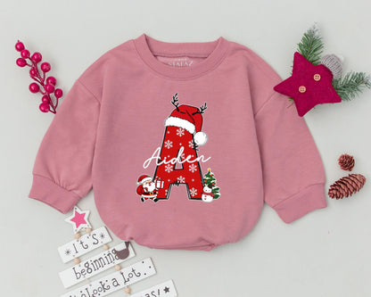 Personalized Peter Initial P My First Christmas Baby Romper Festive Red Letter Santa Hat Antlers Snowman Christmas Tree Holiday Outfit Infant Clothing Gift